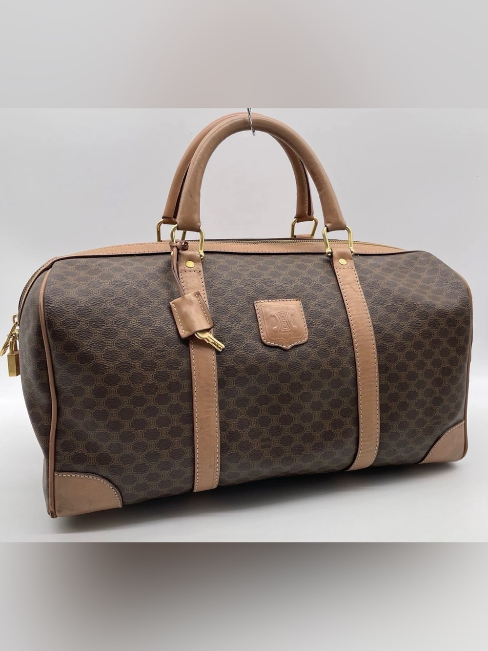 Celine Macadam PVC Leather Brown Boston Bag lock and key 40cm
